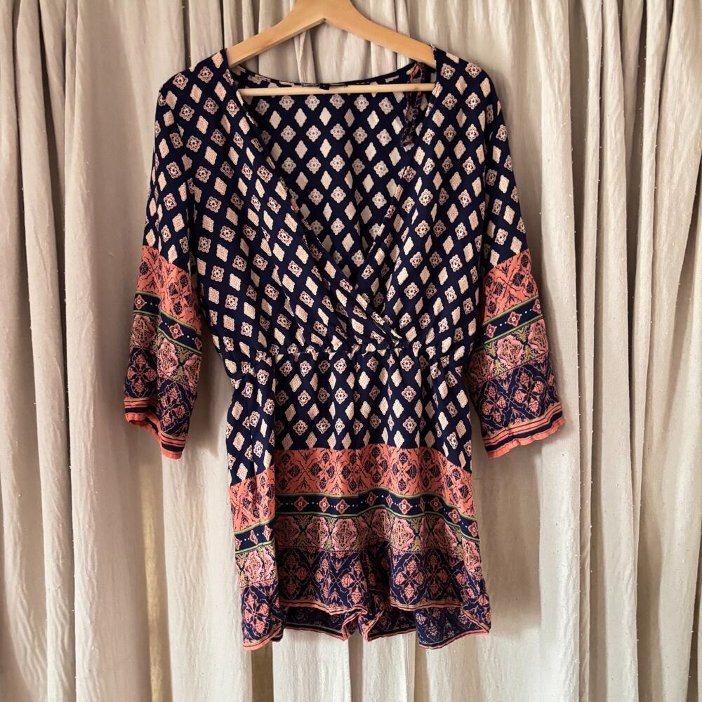 Spiaggia Dolce Navy Coral Medallion Print Rayon Romper L 3/4‎ Sleeve